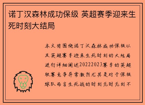 诺丁汉森林成功保级 英超赛季迎来生死时刻大结局